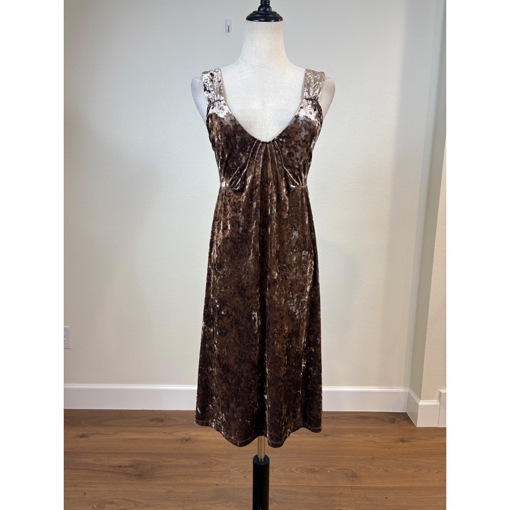 Vtg‎ MNG Velvet Midi Slip Dress Women XS Brown Crushed Low Back  indie sleeze
